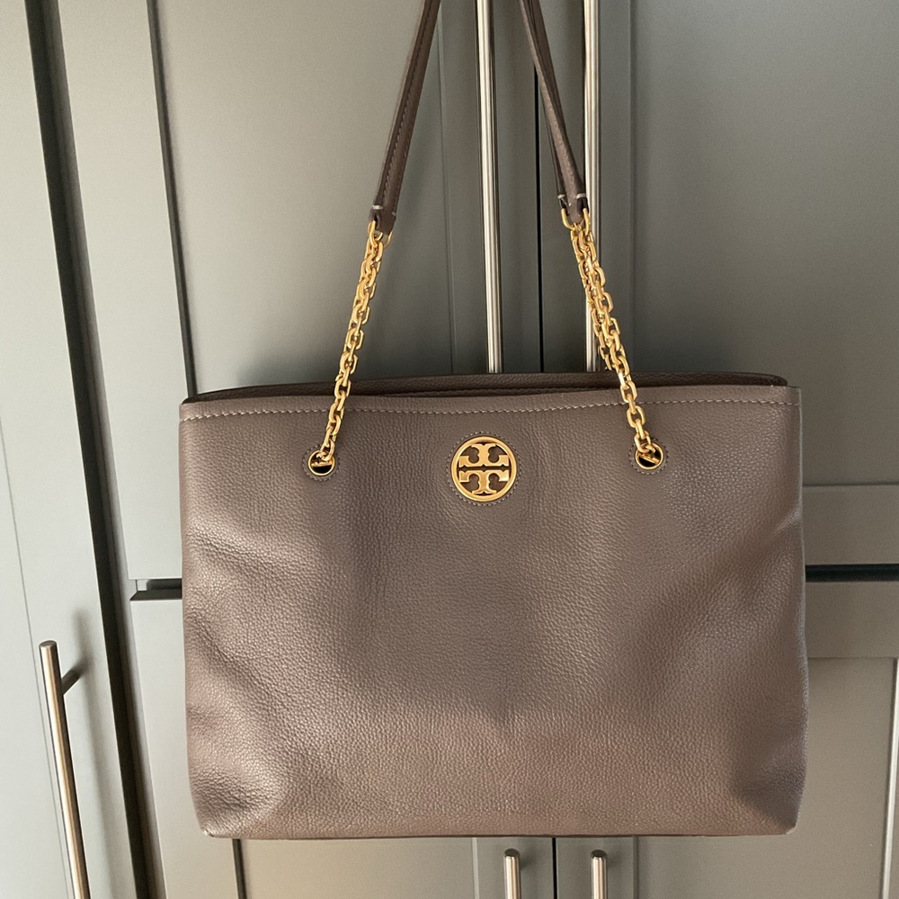 Tory Burch Brown Pebbled Leather Tote with Gold Chain Handles